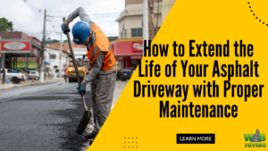 A professional works on the asphalt driveway and blog title in the image.